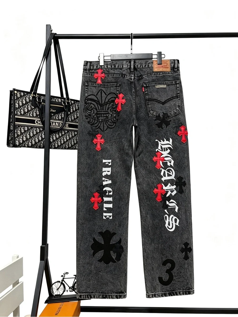 Chrome Hearts Black Acid-Wash Jeans with Red & White Crosses